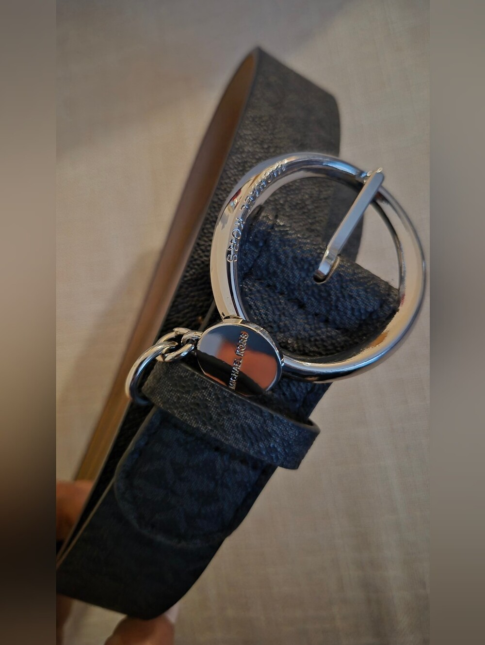Michael Kors Black Logo-Print Leather Belt with Silver Tone Round Buckle